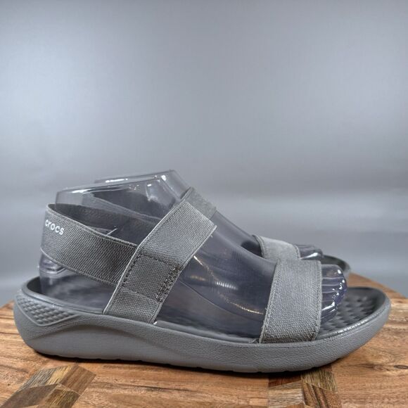 Crocs Women’s 8 Grey Literide Stretch Ankle Strap Comfort Sandals Flat - Picture 1 of 8